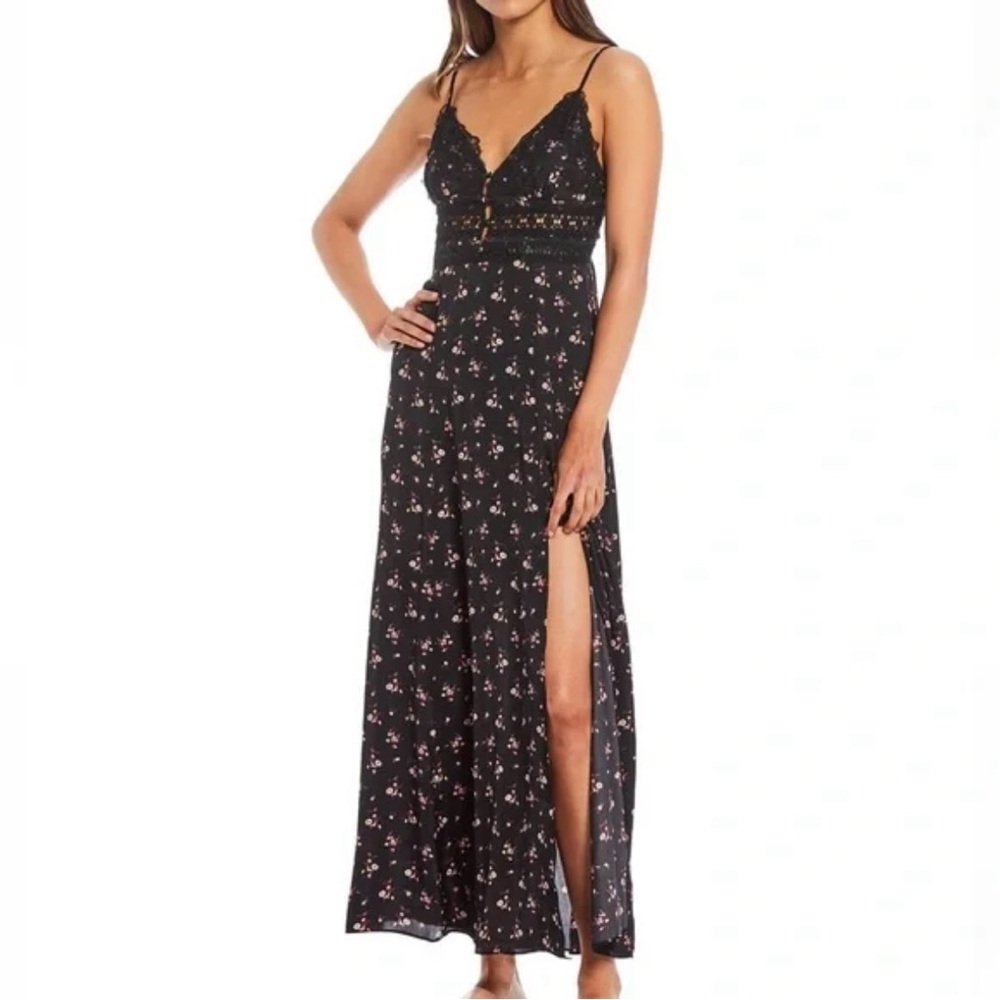 Free People Black and Pink Floral Lace Maxi Dress